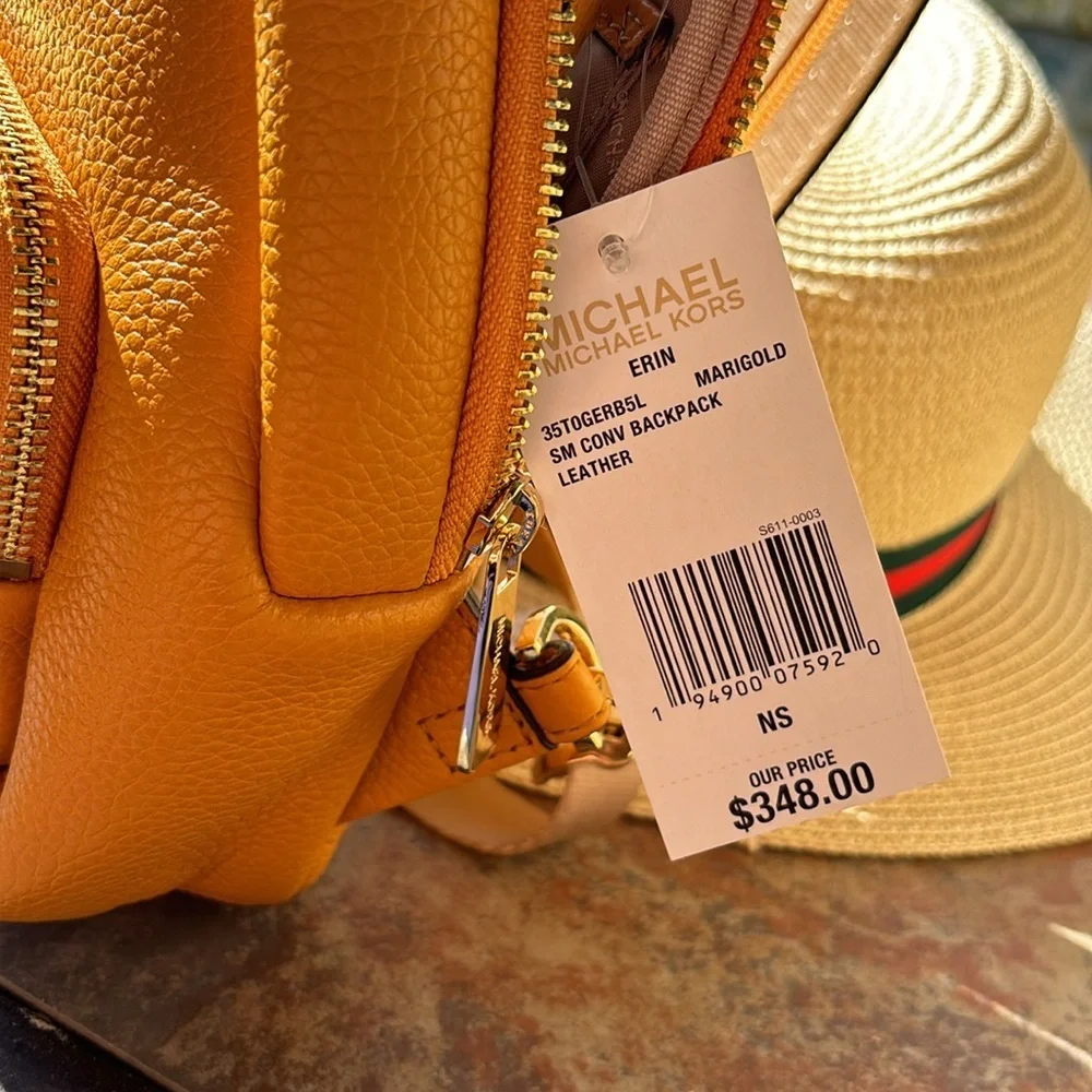 Michael Kors Erin Leather Convertible Sling to Mini Backpack in Marigold NWT